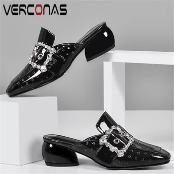 

VERCONAS 2020 Mules Woman Sandals Woman Pumps New Arrival Genuine Leather Crystal Decoration Square Toe Round Heels Shoes Woman