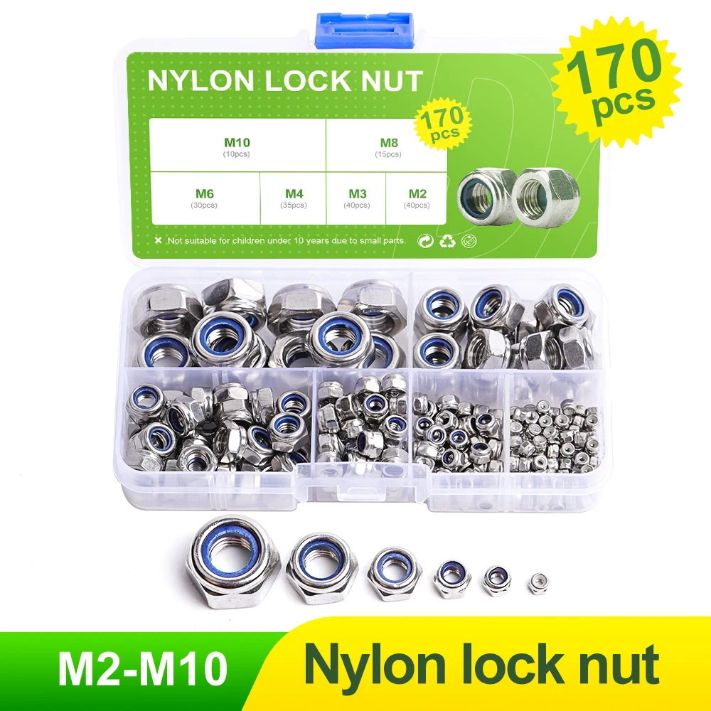 

DA-ONE 175-Piece Stainless Steel Nylon Lock Nut Assortment Kit, Size Include: M2 M3 M4 M6 M8 M10 Self-locking Nylon Nuts