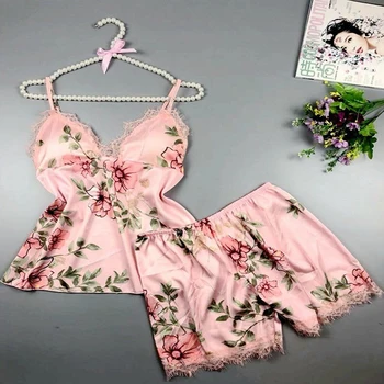 

Women's Pajamas Silk Floral Print 2Pcs Pajama Set Satin Pyjamas Home Suit Top and Shorts Clothes Sexy Lingerie Pijama Sleepwear
