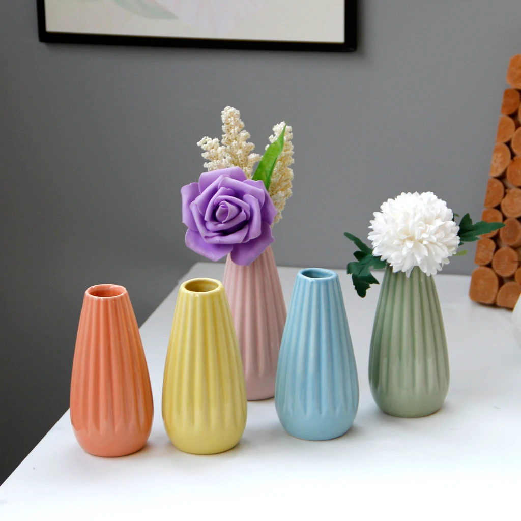 Home Garden Ceramic Mini Vase Stripe Planter Pot Ornaments Decor Decoration