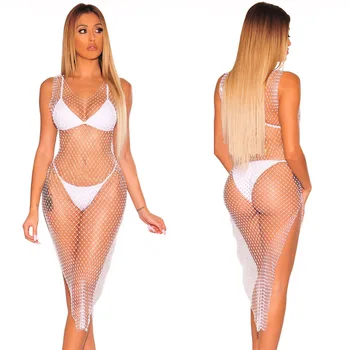 

Sexy See Through Fishnet Cover Up Beach Dress Summer Hollow Out V Neck Bodycon Dress Vestidos