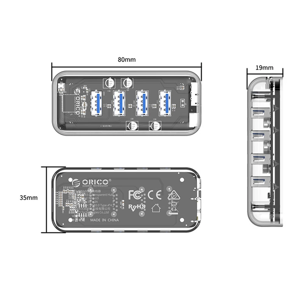 ORICO 4 порта USB3.0 прозрачный концентратор сплиттер с двумя Micro USB порт питания 5 Гбит/с 3,0 usb-хаб Поддержка OTG для Mac/Windows/Linux