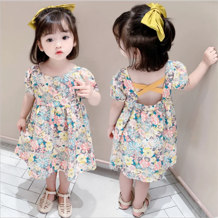 Little Baby Girl Shortsleeved Dress With Flower Print Cross Strap  Decoration Back Cool Hollow Design Aline Summer Clothing  Girls Casual  Dresses  AliExpress