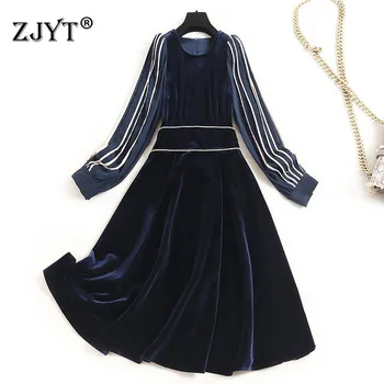 

Runway Designers Long Sleeve Vintage Aline Velour Dress Autumn Winter Fashion Woman Clothes 2020 New Lady Vestidos