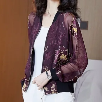 

Printed Embroidered Silk Cardigan Jacket Female Bat Sleeves Thin Sunscreen Zipper Placket Long Sleeve Jacket Women Spring Summer