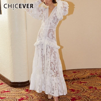 

CHICEVER Elegant Slim Dress For Women V Neck Lantern Sleeve High Waist Patchwork Hollow Out Dresses Female 2020 Fashion New Tide