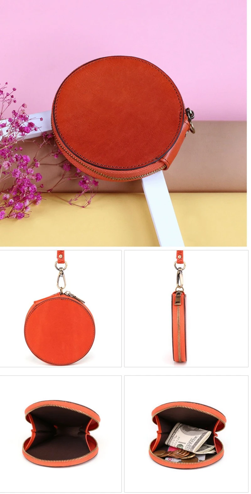 Genuine Leather Coin Purse Bag For Women Girl Short Zipper Round Small Money Pocket Bags Card Holder Wallet With Wraist Strap