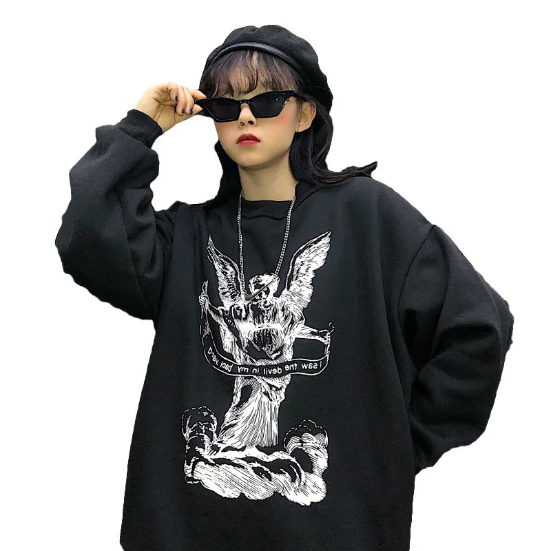 Осенне-зимняя Толстовка Femme корейский Ulzzang Harajuku винтажные Свободные флисовые толстовки женские, пуловеры с капюшоном