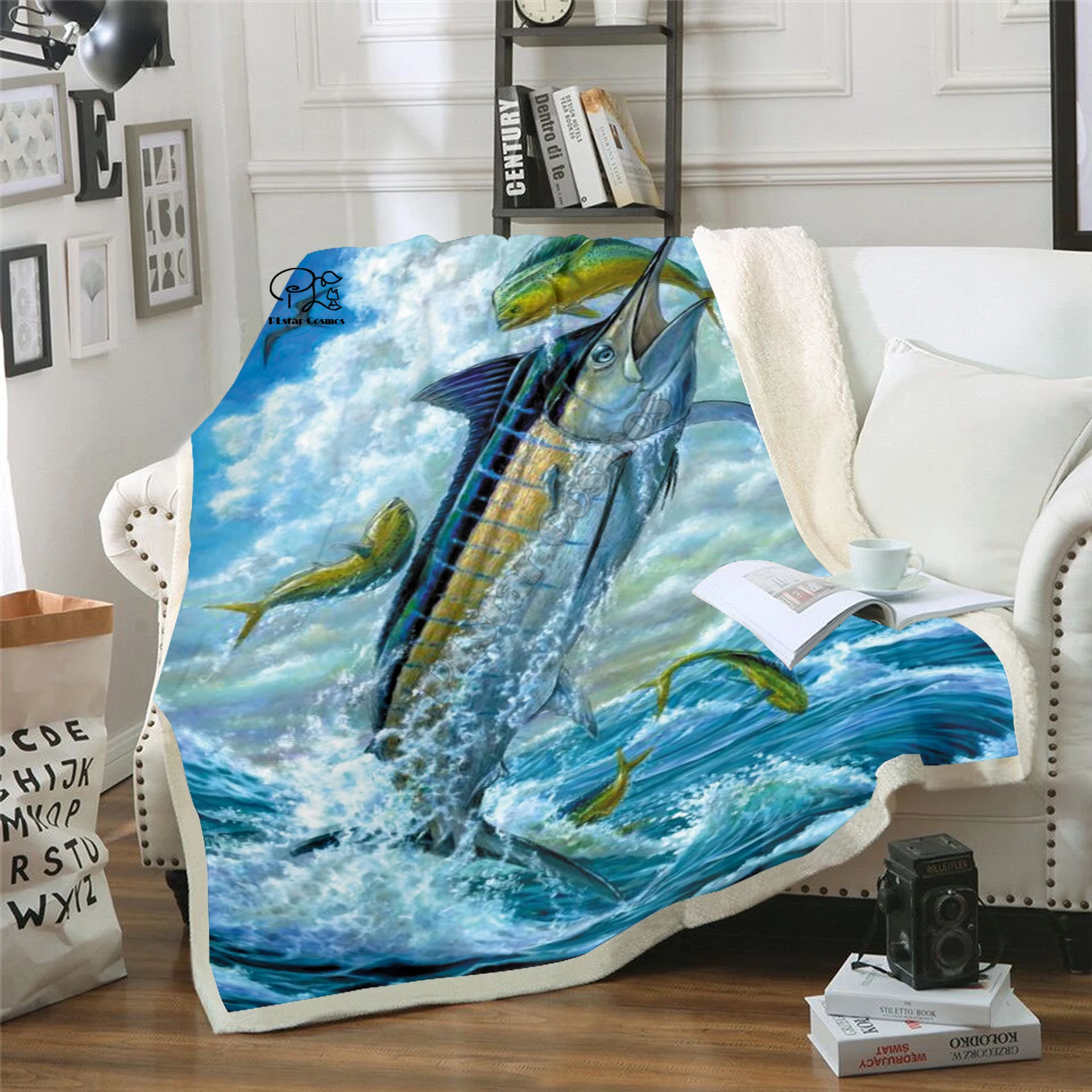 

Plstar Cosmos super black bass fish funny character Blanket 3D print Sherpa Blanket on Bed Home Textiles Dreamlike style-1