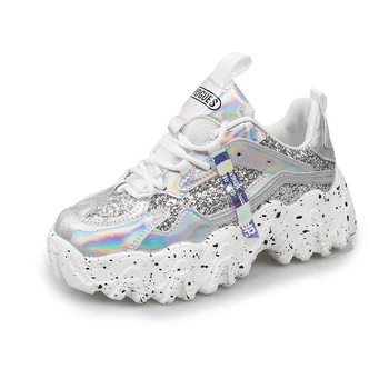 

White Shoes Women Sneakers Sequin Cloth Girls Casual Shoes Chunky Sneakers 2020 New Arrival Bling Bling PU Women Shoes