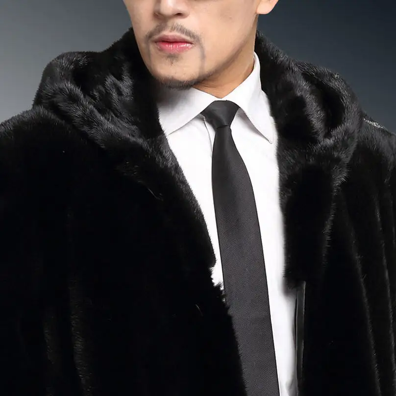 Mens Winter Hooded Faux Mink Fur Jacket Coats Male Long Fur Overcoats Large Size 4XL Black Outwears Casaco Masculino