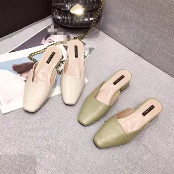 

Shoes Women Cover Toe Womens Slippers Outdoor Female Mule Med Loafers Square heel Lady Slides Pantofle Soft Mules Block Girl
