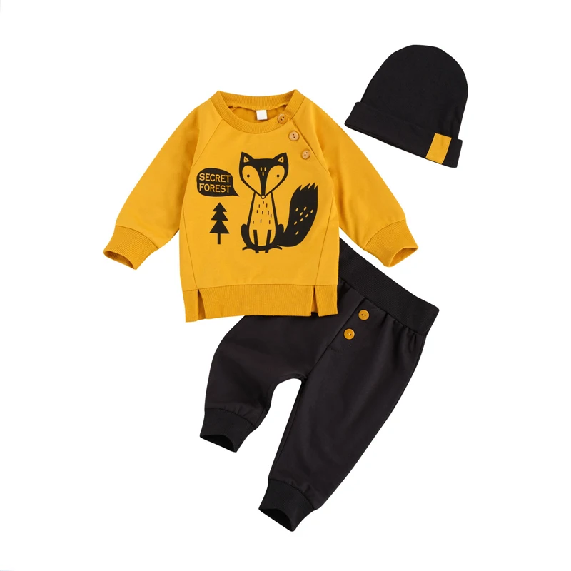 2021 Fashion Cute Newborn Toddler Baby Boy Girl Autumn Clothes Long Sleeve Cartoon fox Sweatshirt Top Pant Hat Outfits 0-2Y | Детская