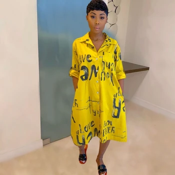 

Spring Autumn Fashion Yellow Print A-Line Dress Casual Cute Women Beading Shirt Dresses Long Sleeve Plus Size Vestidos