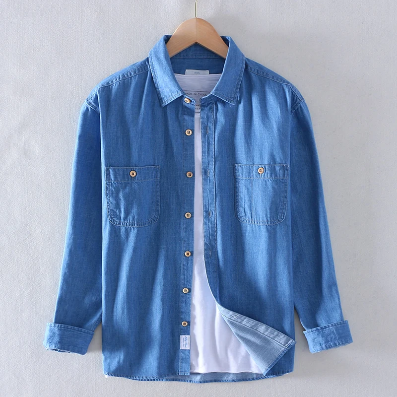 Брендовая Новинка хлопковая рубашка с длинными рукавами тонкая джинсовая Повседневная однотонная простая Удобная Осенняя рубашка с двумя передними карманами - Цвет: Blue