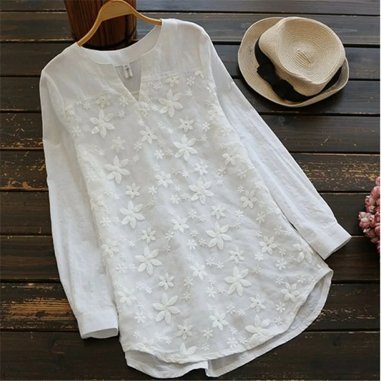 Blouse Shirts Oversize Long-Sleeve Embroidered Women Ladies Top Lady Summer Cotton