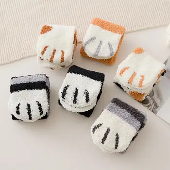 

Autumn and Winter Cat Claws 1 Pair of Plush Coral Fleece Socks Cute Thick Warm Sleeping Floor Sleep Socks Female Tube Socks