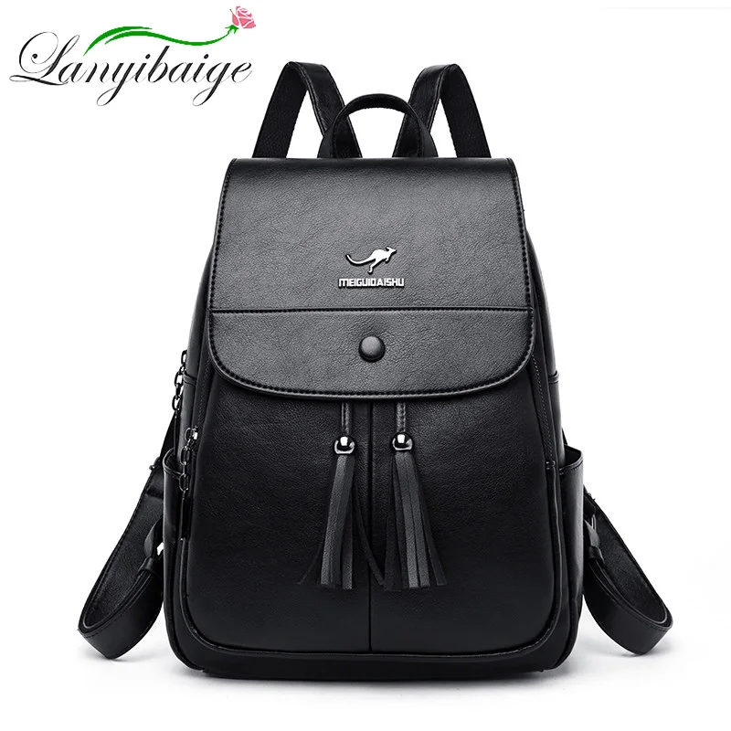 Женский кожаный рюкзак чистый черный женский дорожный Sac Dos Preppy высокое качество