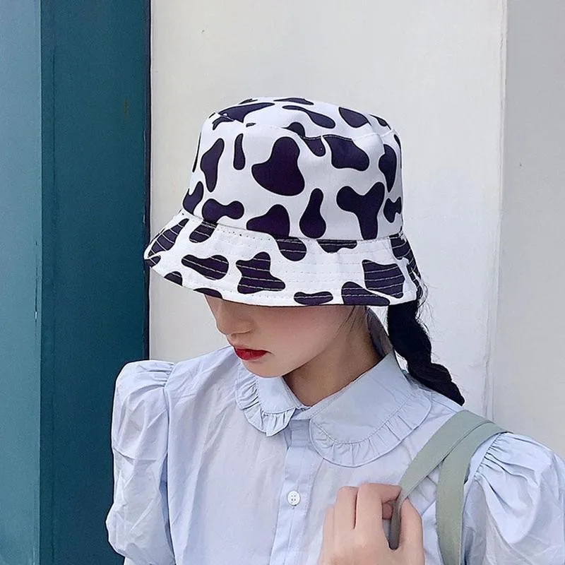 Panama Cow Print Hat Cap for Women Ins Sun Cute Black White Panama Cow Bucket Hats Lady Fishman Panama Cow Hats