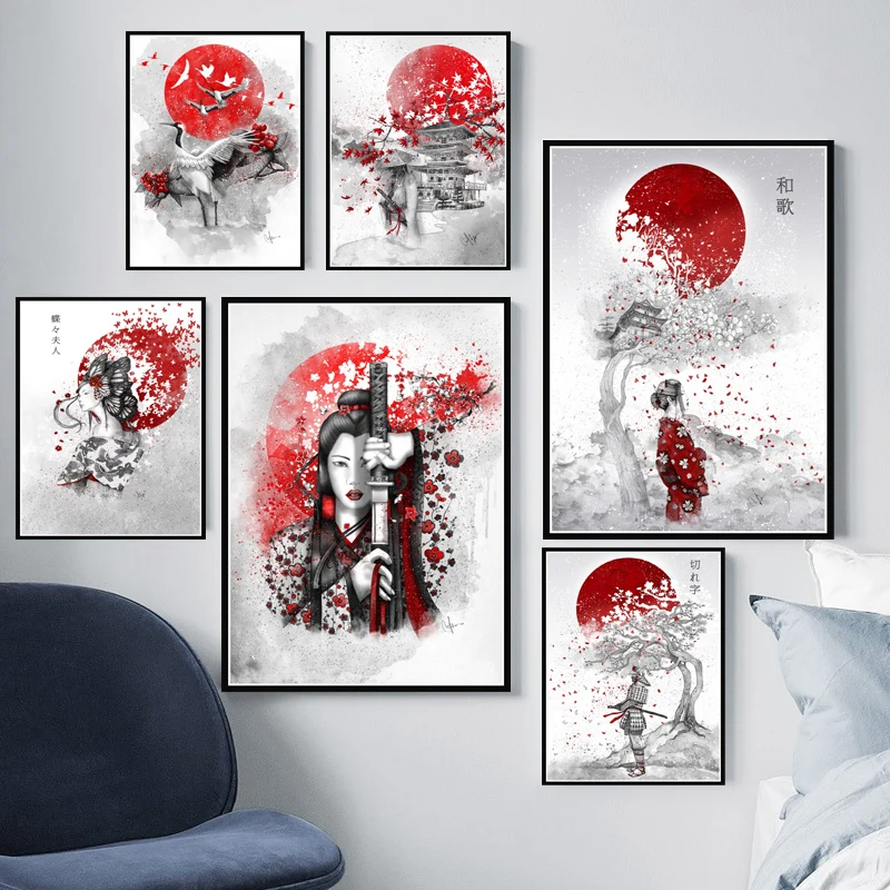 Poster Prints Hot Japanese Zen Ink Bonsa Bushido Samurai Kanji Canvas Art Oil Painting Wall Pictures For Living Room Home Decor