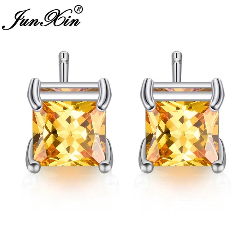 Vintage Yellow Crystal Princess Square Stud Earrings Geometric Zircon Stone Wedding Earrings For Women Stacking Ear Studs