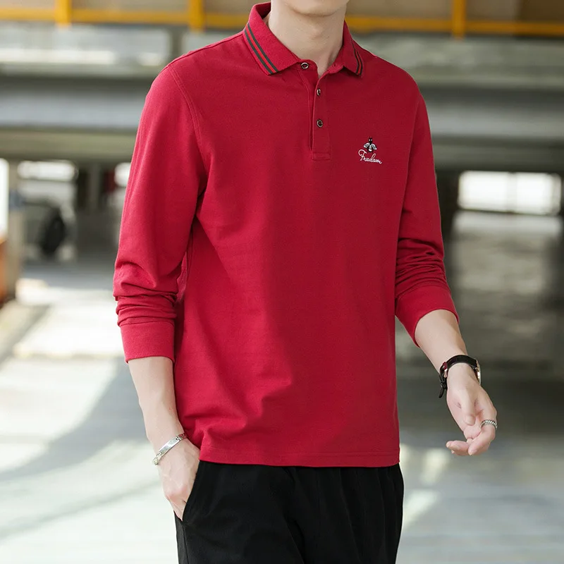

Spring And Autumn Pure Cotton Long Sleeve Youth Men'S Wear Fashion Simple Casual Polo Shirt Cotton Tops Small Bee Chest Embroide