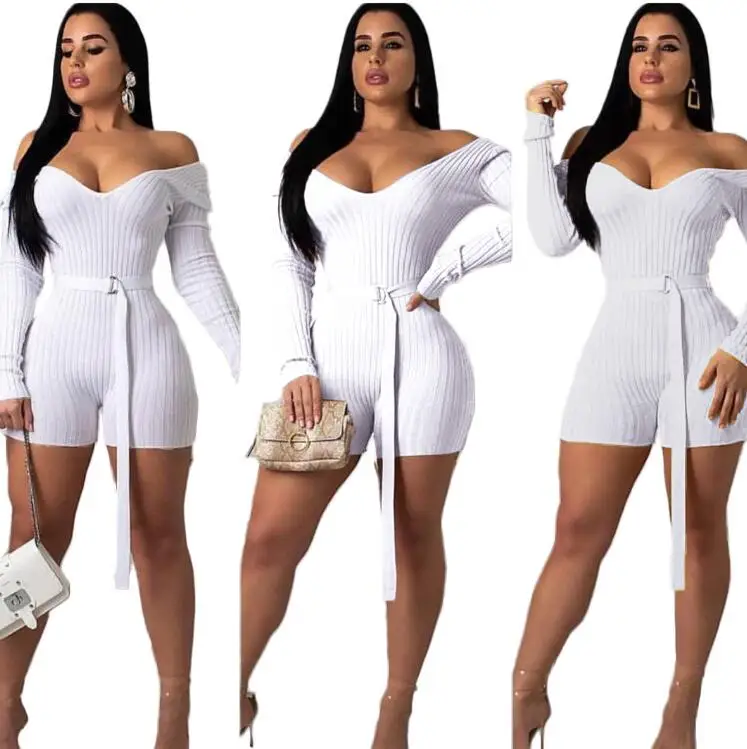 Women sexy long sleeve bodycon jumpsuit sashes sexy solid shorts jumpsuit body femme DA8118 - Цвет: Белый