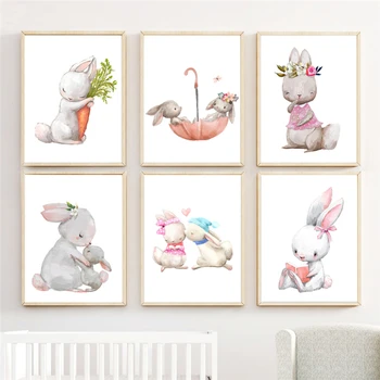 

Spray Color Cartoon Animal Umbrella Rabbit Balloon Fox Canvas Painting Poster Home Kids Room Nursery Decoration Wall Picture