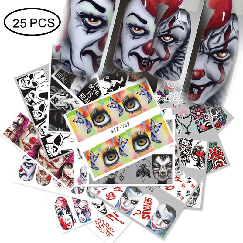 25 Sheets/set Halloween Nail Art Sticker Sexy Skull Bone Water Transfer Decals Nails Foil Manicure Decoration | Красота и здоровье