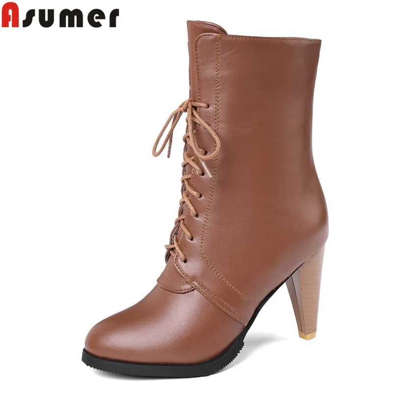 ASUMER/Большие размеры 34-45, Модные ботильоны для женщин с круглым носком, осенне-зимние ботинки женские ботинки на шпильках со шнуровкой для выпускного вечера