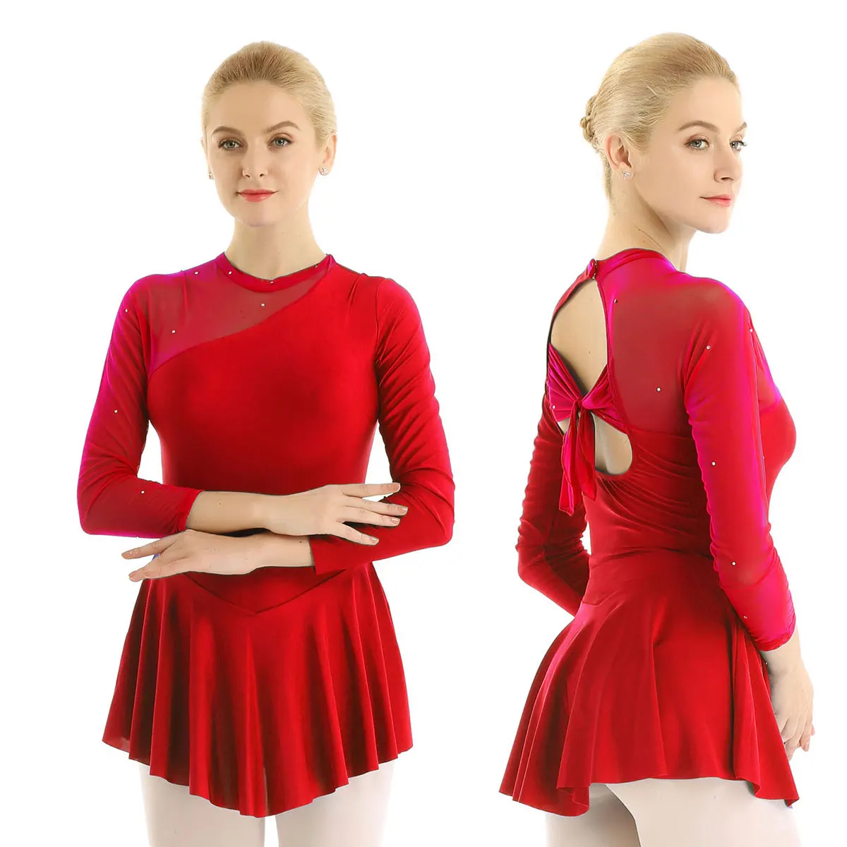 Женское профессиональное лирическое гимнастическое трико, платье для фигурного катания, современные балетные балетный зал, танцевальные костюмы, платья с открытой спиной - Цвет: Red