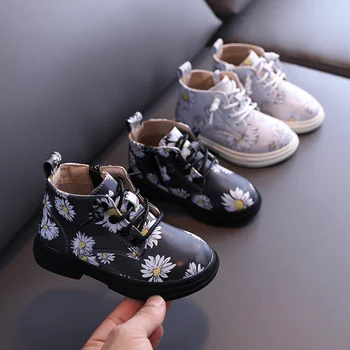 

2020 Autumn Girls Boots PU Leather Waterproof Kid Baby Boots Shoes Fashion Flower Zip Rome Little Girl Martin Boots