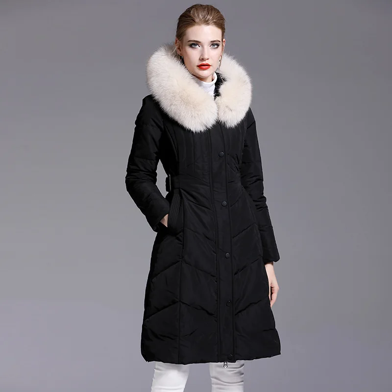 winter new down jacket women's fashion temperament large wool collar Korean slim and thickened coat medium length 429 - Цвет: Черный