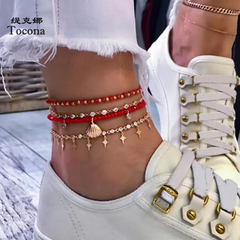 Tocona 4pcs/sets Bohemian Beaded Anklets for Women Summer Shell Scallop Foot Chain Clear Crystal Stone Star Jewelry 8528 Tocona 4pcs/sets Bohemian Beaded Anklets for Women Summer Shell Scallop Foot Chain Clear Crystal Stone Star Jewelry 8528