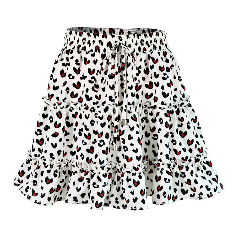 

Fashion Woman Skirts Summer Casual High Waist jupe femme faldas mujer moda Ruffled Leopard Floral Print Beach Short Skirt A4