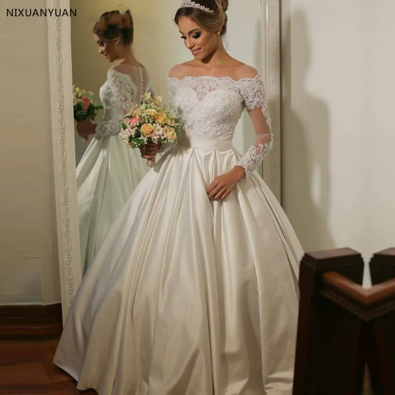 Vestido De Noiva/ свадебное платье с длинными рукавами и вырезом лодочкой; кружевное платье с аппликацией на пуговицах сзади; сатиновое свадебное платье