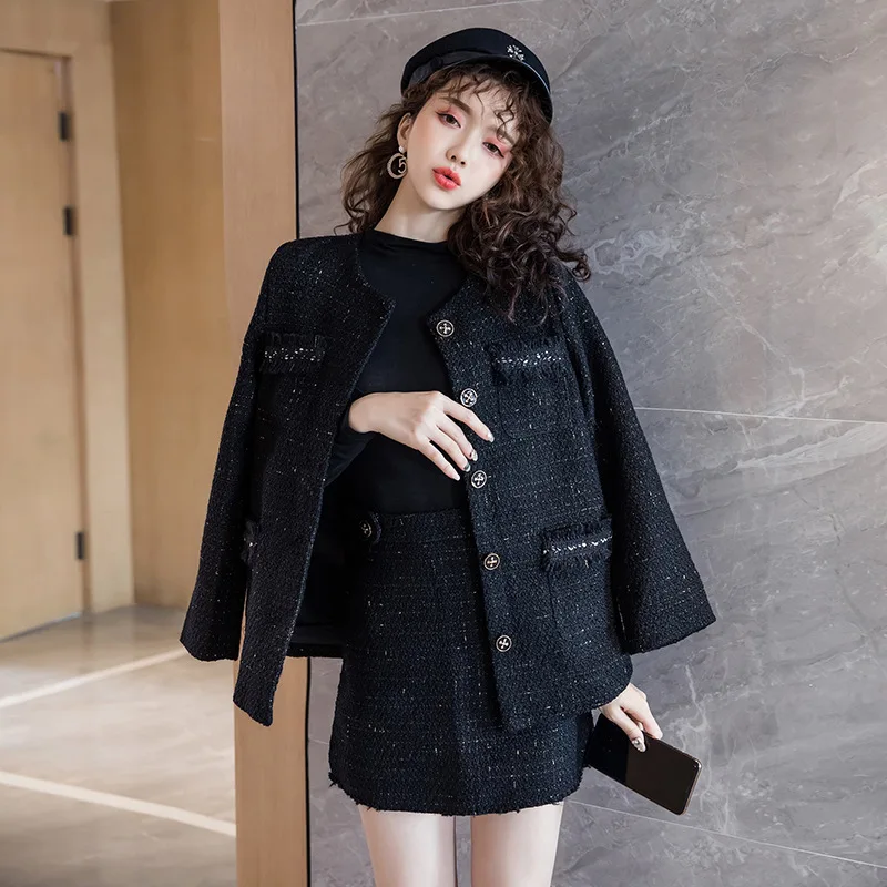 

2019 Autumn And Winter New Style Tweed Two-Piece Set Tassels Pocket Coat + Skirt Graceful Single Breasted Set