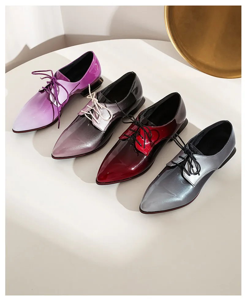 Large Size 33-50 Women Flats Sexy Gradient Patent Leather Low-Heeled Oxford Shoes For Woman 2020 Pointed Toe Lace-Up Lady Flats (24)