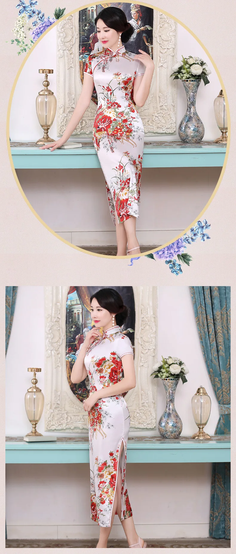 Wholesale New Style Spring And Summer Improved Cheongsam Long Vintage Silk Fabrics Printed Daily Life Banquet WOMEN'S Dress