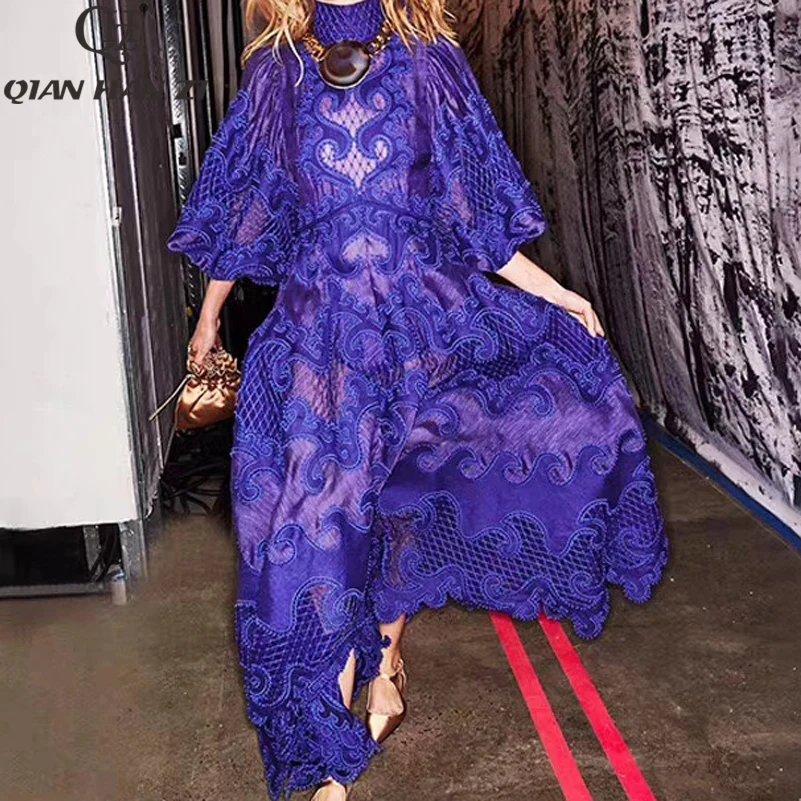 

Qian Han Zi Designer Runway Fashion Maxi Dress Women's Lantern Sleeve Elegant Gorgeous Embroidered Jacquard Applique Long Dress