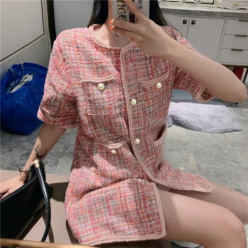 

Women's jacket coat Long style tweed Woven wire fabric spring / autumn new Wool classic jacket Short sleeve Ladies woolen coat