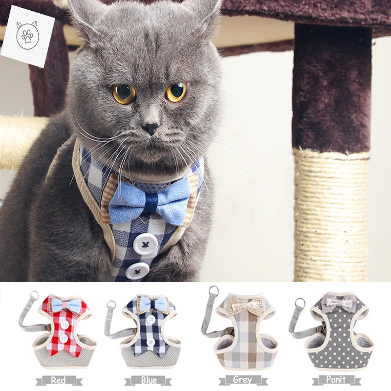 

SUPREPET Cat Kitten Dog Puppy Harness and Leash Set Pet 2 Pieces Cat Vest Harness with Bowknot Plaid Mesh Vest for Chihuahua Cat
