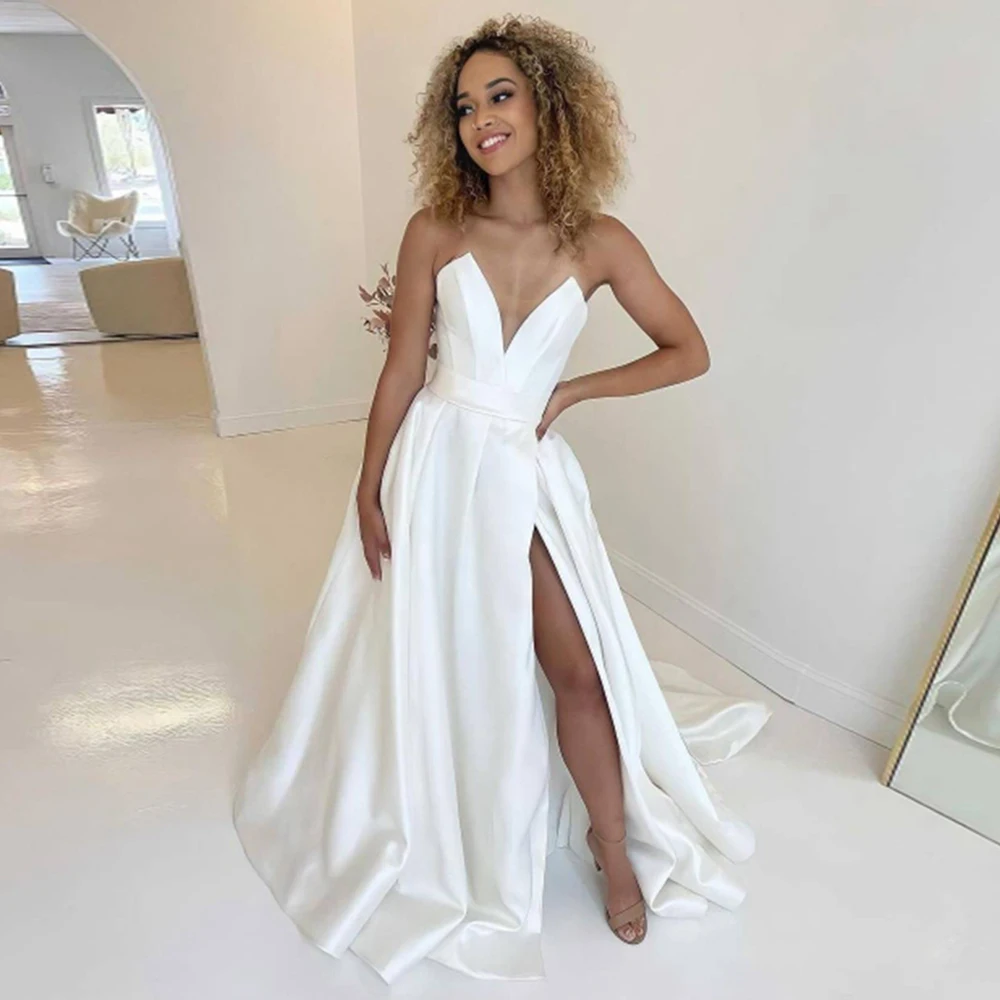 『Cheap!!!』- Fivsole Soft Satin A-line Wedding Dress V-neck Leg Split
Bridal Gown Lace-up Brides Dress Vestidos De Novia Vestido Feminino