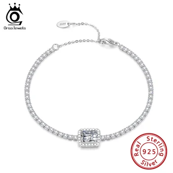

ORSA JEWELS 925 Sterling Silver Bracelet Tennis Chain Emerald Cutting AAAA Zircon Trendy Jewelry For Women Dating Present SB87