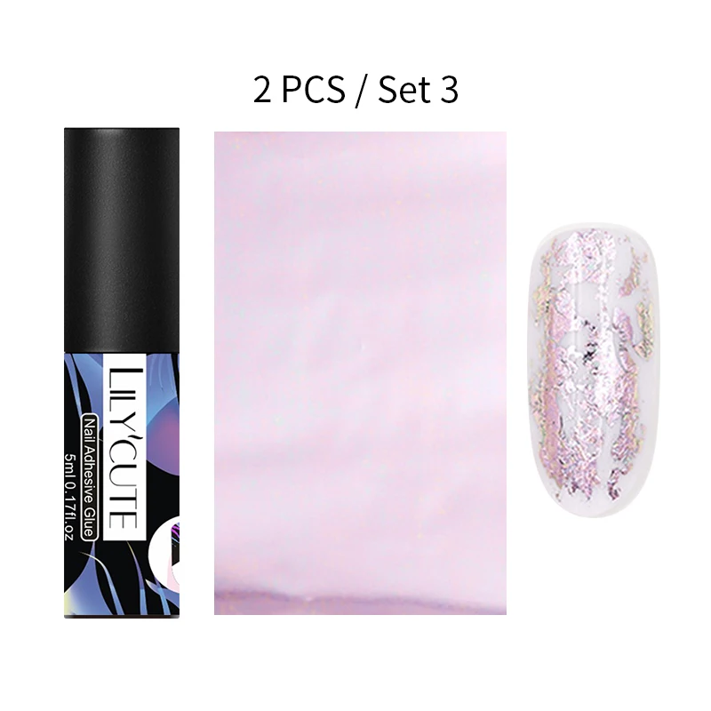 2pcs Set 03 LILYCUTE Фольга для ногтей переводная наклейка клейкий Гель Набор ногтей Водные Наклейки s наклейки Звездное небо клей для наращивания ресниц Гель-лак набор маникюр 5 мл - Цвет: 2pcs Set 03