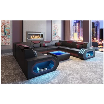 

New Style Armrest Headrest 8 Seater Furniture Couch living room U Shape Genuine Leather Sofa Set Modern