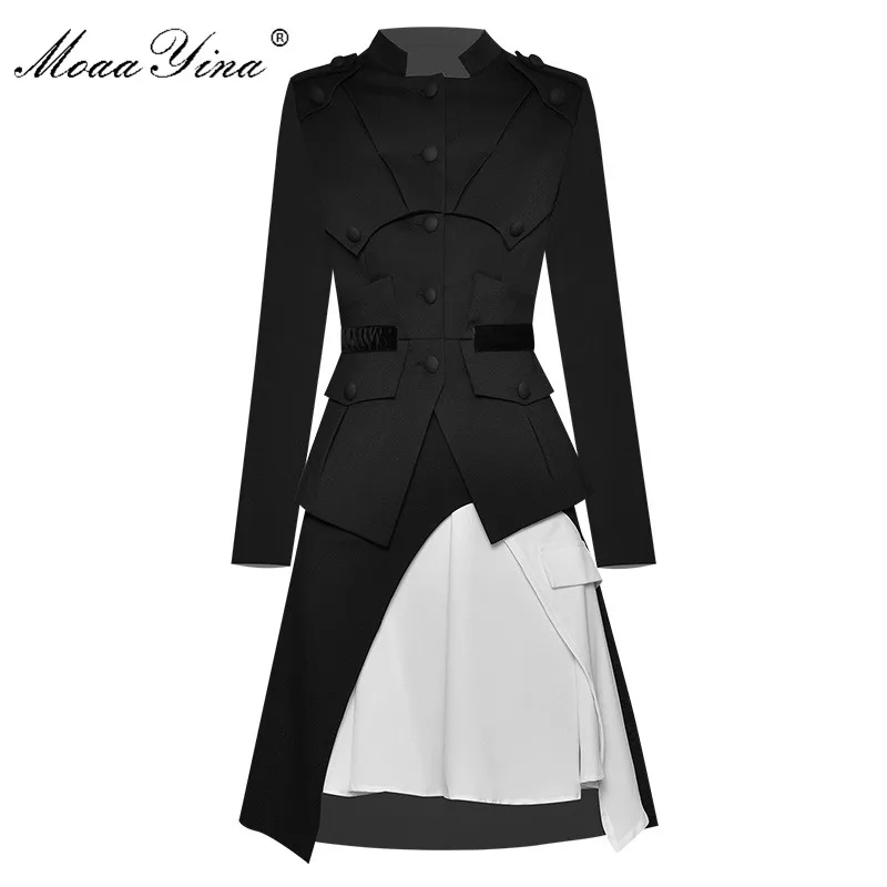

MoaaYina Fashion Designer Set Spring Summer Women Long sleeve Stand collar Suit Tops+Asymmetrical Skirt Two-piece suit