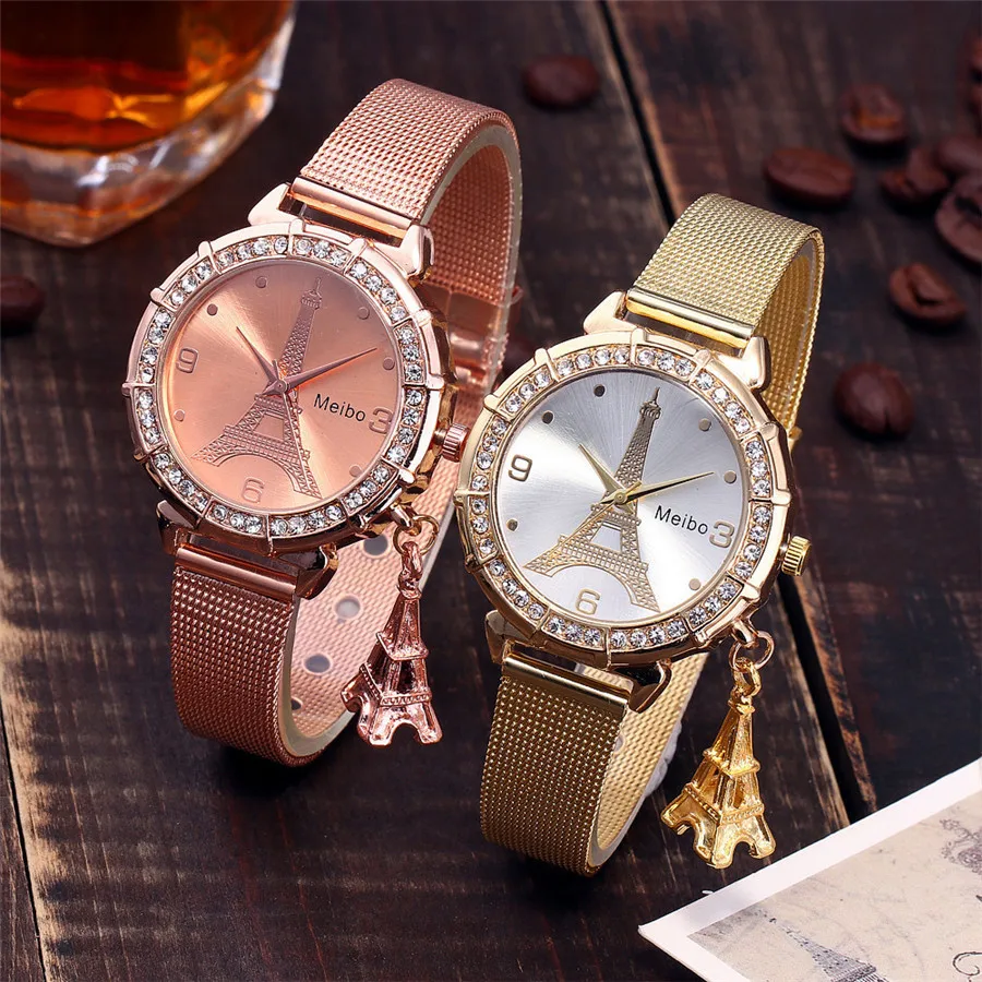 2019 New Fashion Stainless Steel Gold & Silver Band Quartz Wtach Luxury Women Rhinestone Watches Valentine  clock
