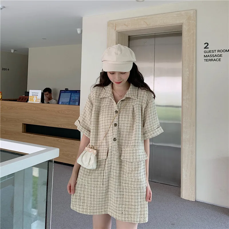 Корейская версия Cihc свободный ретро небольшой аромат лацканы летняя футболка с карманом рубашка юбка тонкое платье летняя юбка