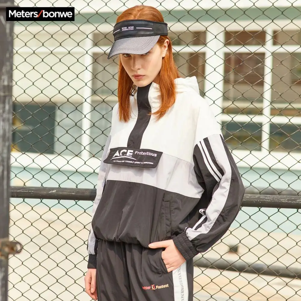Metersbonwe 2020 New Hooded jacket female spring loose splice Handsome trend simple wild Sports Pullover women | Женская одежда